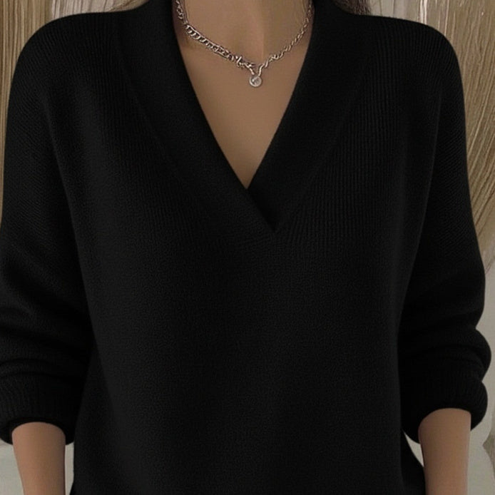 Elegant Soft V-neck Knit – Chic Long Sleeve Style - black