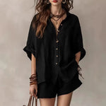 Single-Breasted Short-Sleeved Shirt Wide-Leg Shorts - black