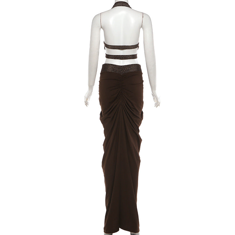 Coffee Halter Cut-Out Top & Maxi Skirt Set