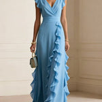 V-Neck Ruffle Maxi Dress - blue