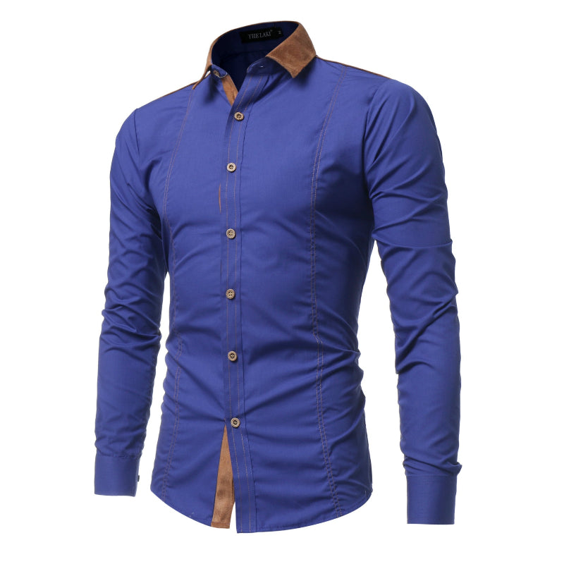 White, Black & Navy Slim-Fit Faux-Suede Contrast-Collar Button-Front Long-Sleeve Dress Shirt