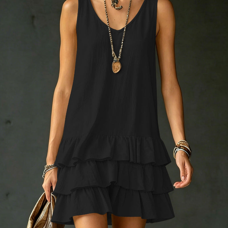 Sleeveless V-Neck Layered Ruffle Mini Dress - black