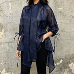 Navy Blue Glossy Organza Self-Tie Bow Neck Balloon-Sleeve Cinched-Waist Asymmetric Blouse