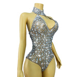 Silver Full-Crystal Rhinestone All-Over Embellished Halter Mock-Neck Keyhole High-Cut Backless Bodysuit