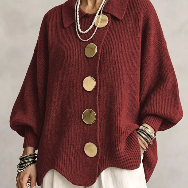 Collared Knit Sweater with Statement Buttons - wine red