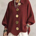 Collared Knit Sweater with Statement Buttons - wine red