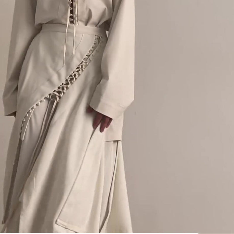 Cream Lace-Up Detail Top And Asymmetric Maxi Skirt Set