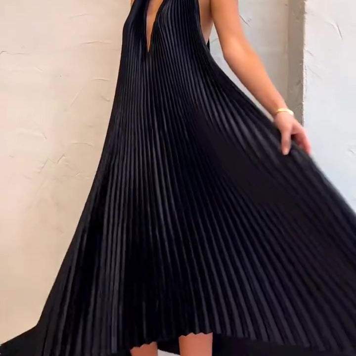 Black V-Neck Pressed Pleated Maxi Dress