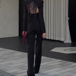 Black Backless Beaded Cropped Blazer & High Waist Pants Set