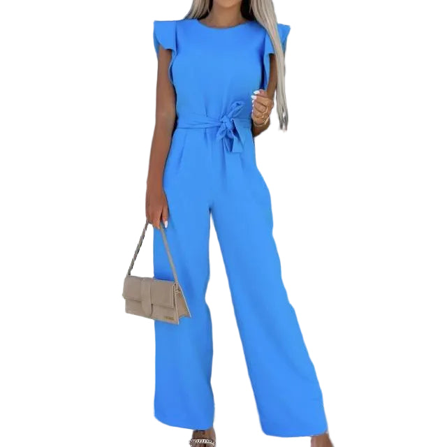Ruffle Sleeve Belted Wide-Leg Jumpsuit - light blue