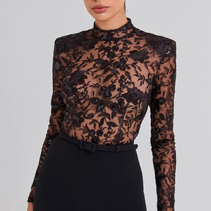 Black See-through Lace Long-sleeved Trousers Jumpsuit