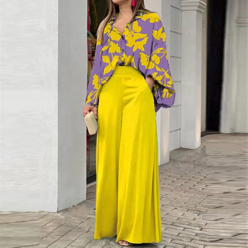 Fashionable Printed Wide-leg Pants - yellow