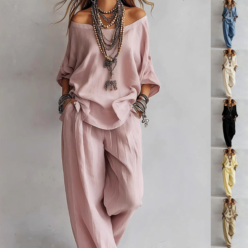 Three-quarter Sleeves Top And Loose Pockets Wide-Leg Pants Set