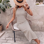 Striped Halter Ribbed Knit Bodycon Midi Dress