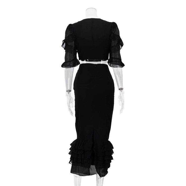 Sweetheart Puff-Sleeve Crop Top & Tiered Ruffle Hem Midi Skirt Set