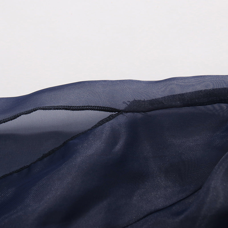 Navy Blue Glossy Organza Self-Tie Bow Neck Balloon-Sleeve Cinched-Waist Asymmetric Blouse