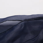 Navy Blue Glossy Organza Self-Tie Bow Neck Balloon-Sleeve Cinched-Waist Asymmetric Blouse