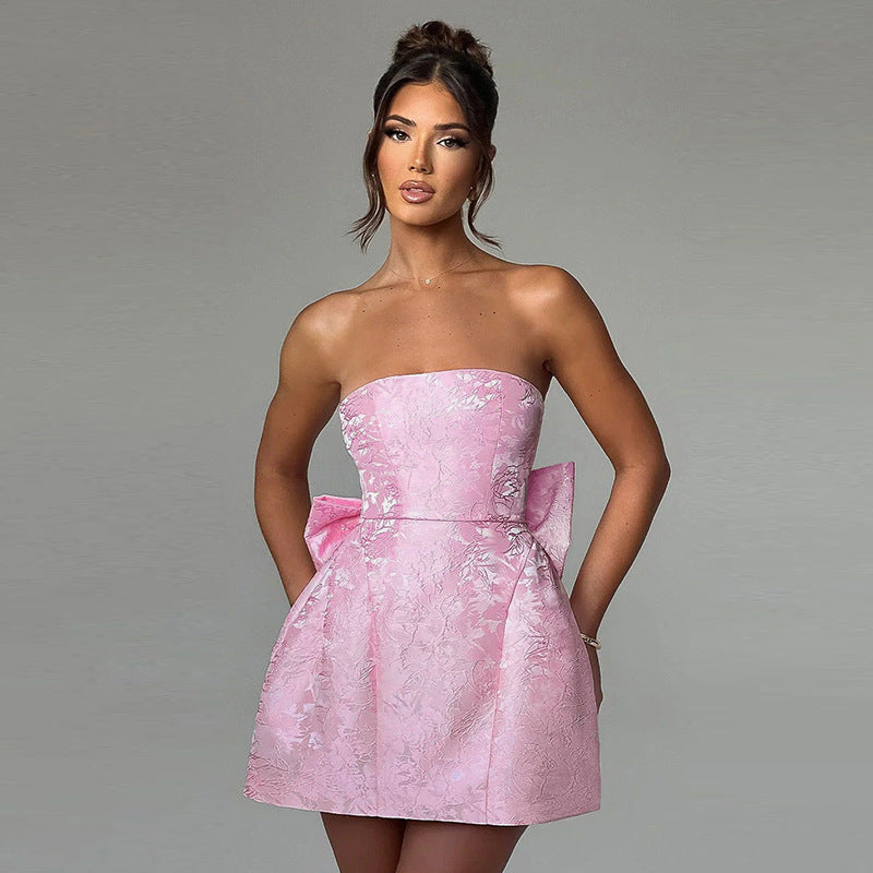 Tube Top Mini Dress With Big Bow - pink