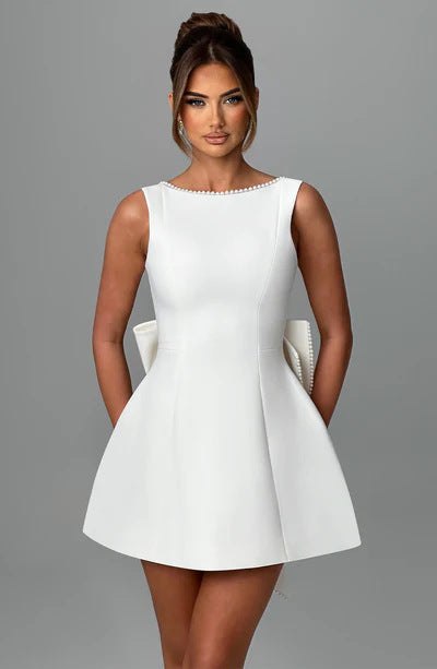 Big-Bowed Pearls Backless Mini Dress