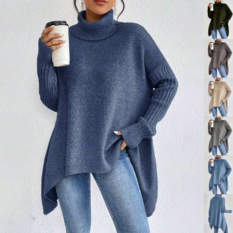 Irregular Turtleneck Sweater: Modern Intellectual Style - blue