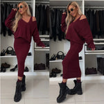 V-neck Pullover Sweatshirt And Sleeveless Dress Set - maroon