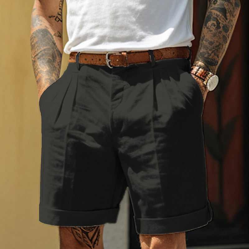 Pleated Linen Shorts with Turn-Up Hem - black