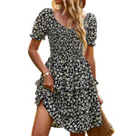 Floral Shirred Puff Sleeve Mini Dress - black