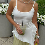 White Fitted Scoop-Neck Spaghetti-Strap Asymmetric Cascade-Ruffle Hem Top