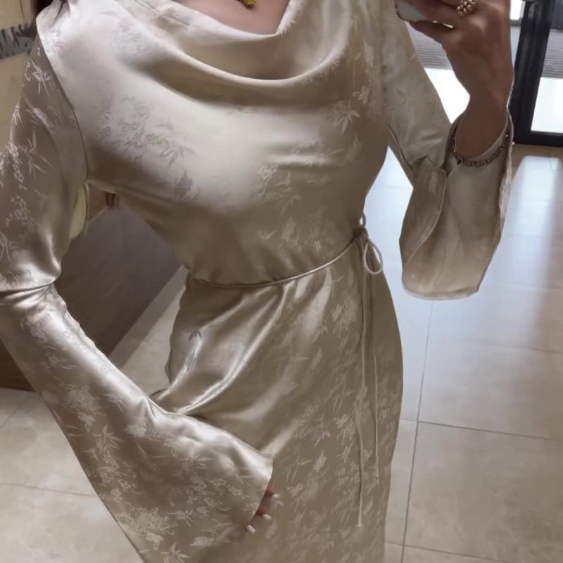 Swing Collar Long Sleeve Jacquard Maxi Dress