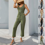Button-Front Crinkle Sleeveless Jumpsuit with Belt and Pockets