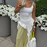 White Fitted Scoop-Neck Spaghetti-Strap Asymmetric Cascade-Ruffle Hem Top