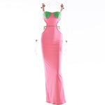 Colour Block Cut-Out Maxi Dress with Gold-Tone Details - pink