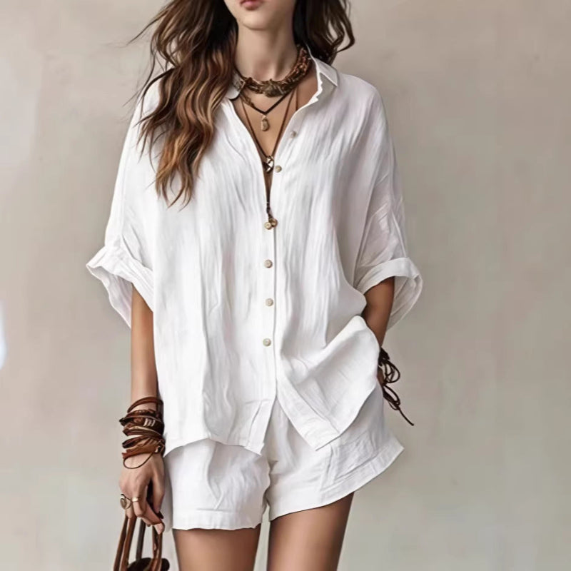 Single-Breasted Short-Sleeved Shirt Wide-Leg Shorts - white