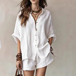 Single-Breasted Short-Sleeved Shirt Wide-Leg Shorts - white