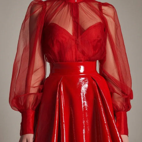 Sheer Mesh Puff Sleeve Blouse And Glossy Red Leather Mini Skirt Set