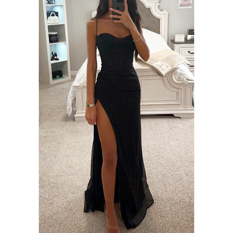 Split Suspender V-neck Maxi Dresses - black