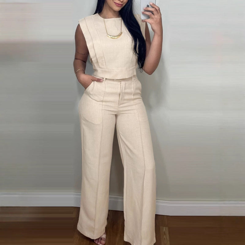 Round Neck Vest Top And Pocket Straight Pants Set - apricot