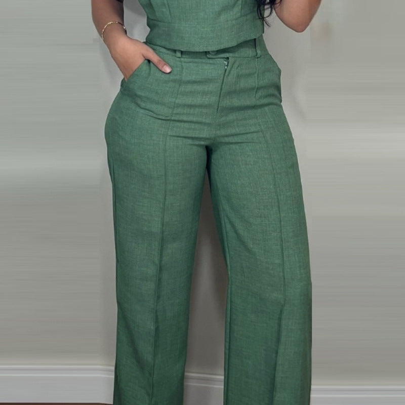 Round Neck Vest Top And Pocket Straight Pants Set - green
