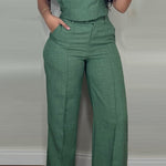 Round Neck Vest Top And Pocket Straight Pants Set - green
