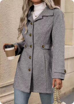 Elegant Single-breasted Mid Length Coat - grey
