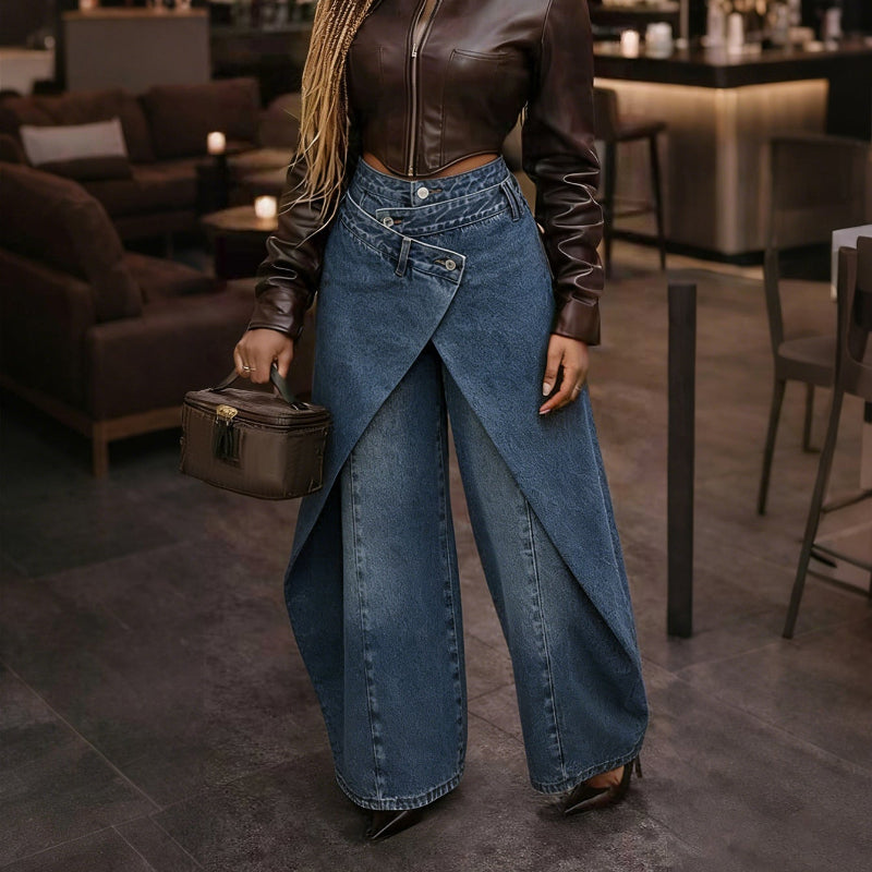 Retro High-waisted Cross-over Metal Buckle Irregular Wide-leg Pants - blue