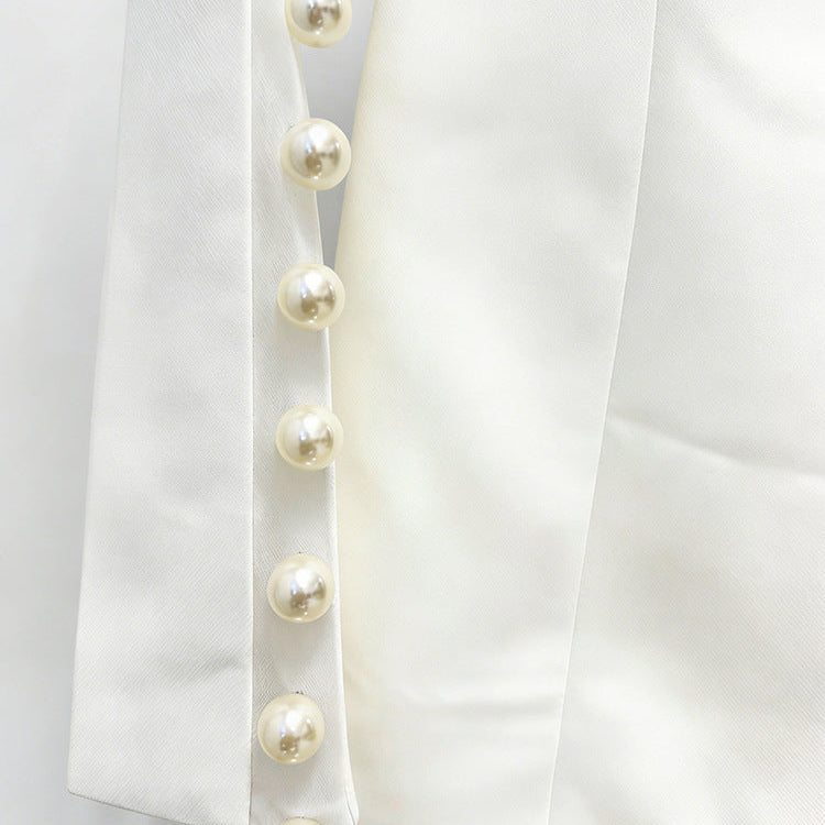 Pearl-Sleeve Tailored Blazer & Wide-Leg Flare Trouser Suit - white