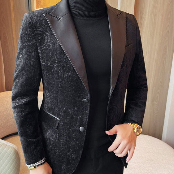 Jacquard Velvet Leather Lapel Men's Blazer