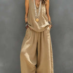 Casual Sleeveless Tank Top And Wide-Leg Pants - beige