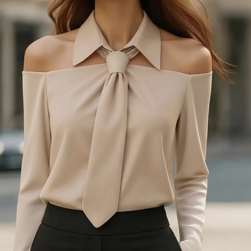 Halter Neck Long Sleeve Blouses - khaki