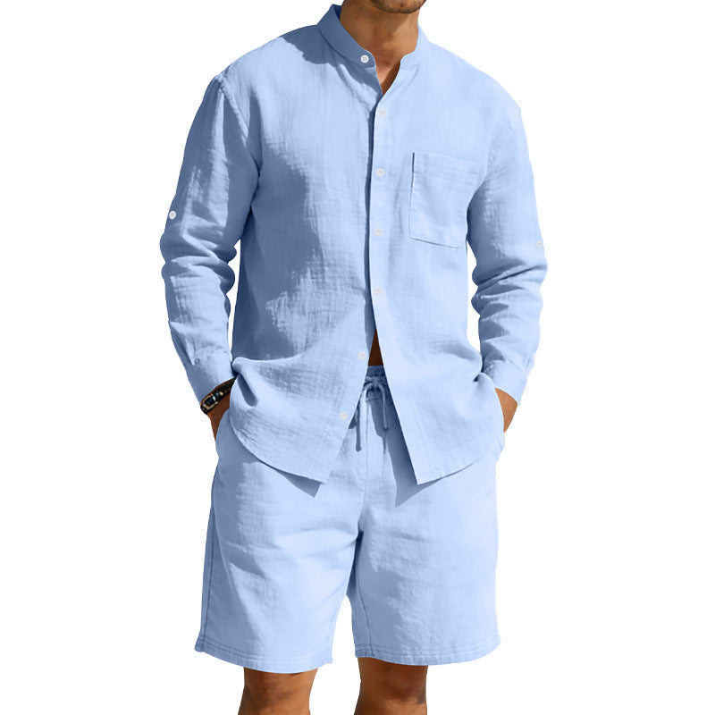 Casual Linen Shirt And Shorts Set - light blue