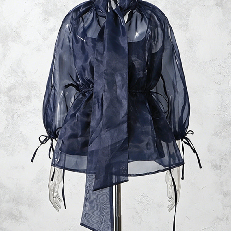 Navy Blue Glossy Organza Self-Tie Bow Neck Balloon-Sleeve Cinched-Waist Asymmetric Blouse