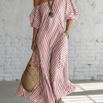 Striped Print Short-Sleeved Maxi Dress - red