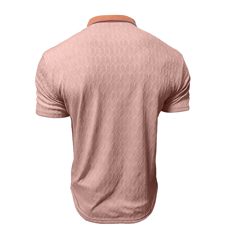 Honeycomb-Texture Contrast Collar Loose-Fit Moisture-Wicking Short-Sleeve Polo Shirt