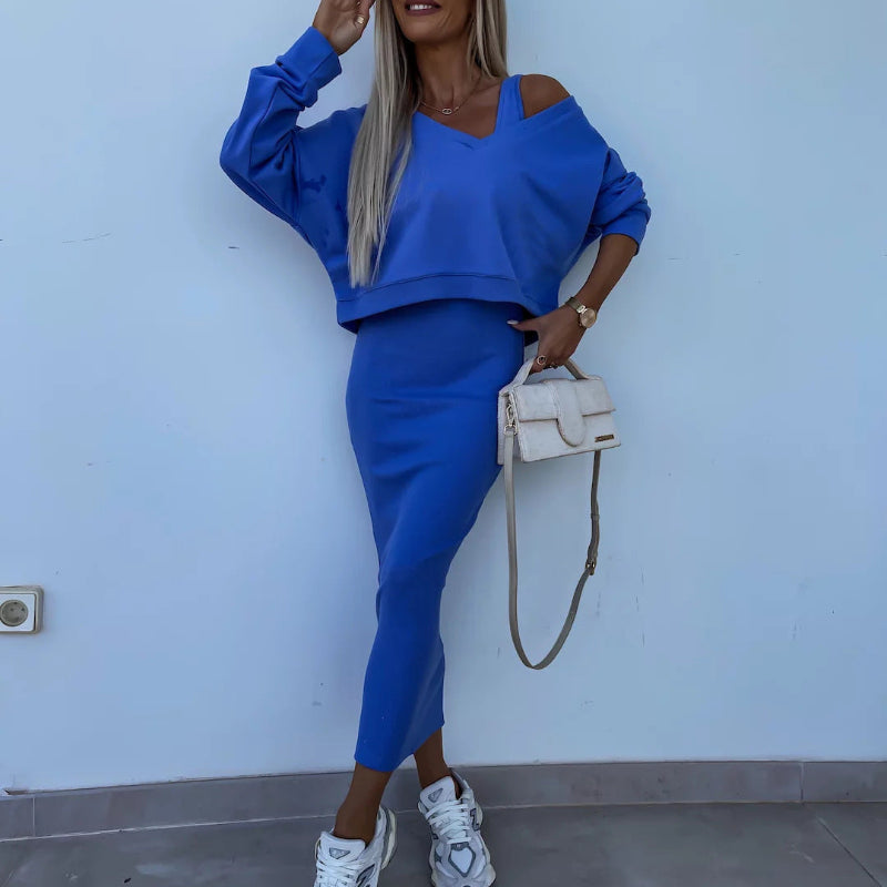 V-neck Pullover Sweatshirt And Sleeveless Dress Set - blue